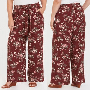 Torrid Wide Leg Pant Size 1X Crepe Floral Self Tie Belt Pockets Stretch